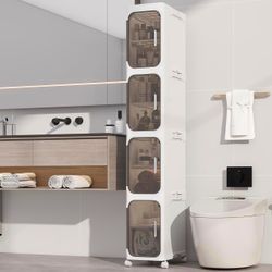 4 Tier Slim Bathroom Storage Cabinet, Foldable and Movable, White Tools Free, ABS and PET, Magnetic Clear Door, Adjustable Shelves, Lockable Wheels, W