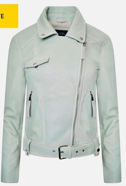 Barneys New York Light Green Mint Leather Moto Jacket with Belt