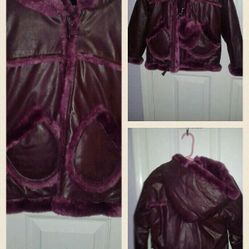 Purple winter jacket with hood and a small purse