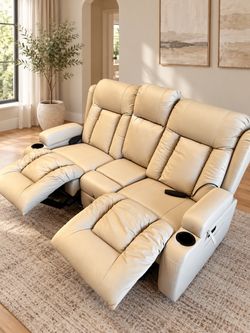 Power Recliner Loveseat with Massage and Heat, Beige Faux Leather Home Theater Sofa with Bluetooth, LED Lights, and Console