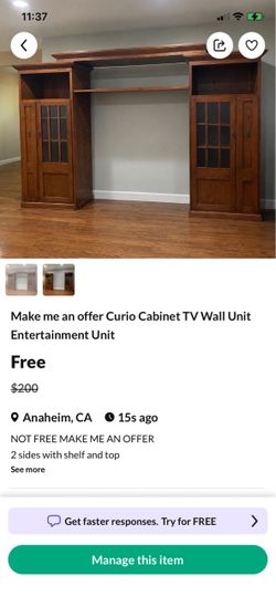 TV cabinet curio cabinet  not free make an offer