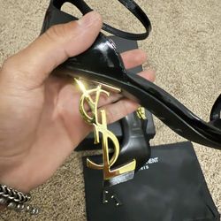 New Saint Laurent Opyum Heel Sandals with Golden Hardware Black/Gold Size 39