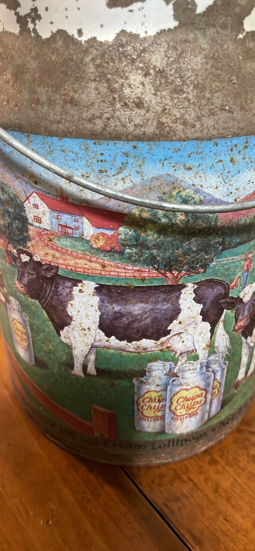 Patina Rustic Decor Spotted Dairy Cow Farm c2000 Imported Spanish Promo Tin Chupa chups Logo By Salvador Dali