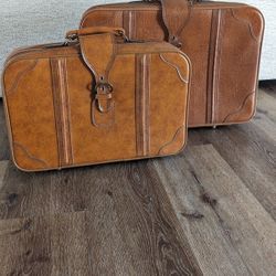 Set 2 VTG Tan Vegan PU Leather Luggage Suitcase Carry On Mid Century 70s Western