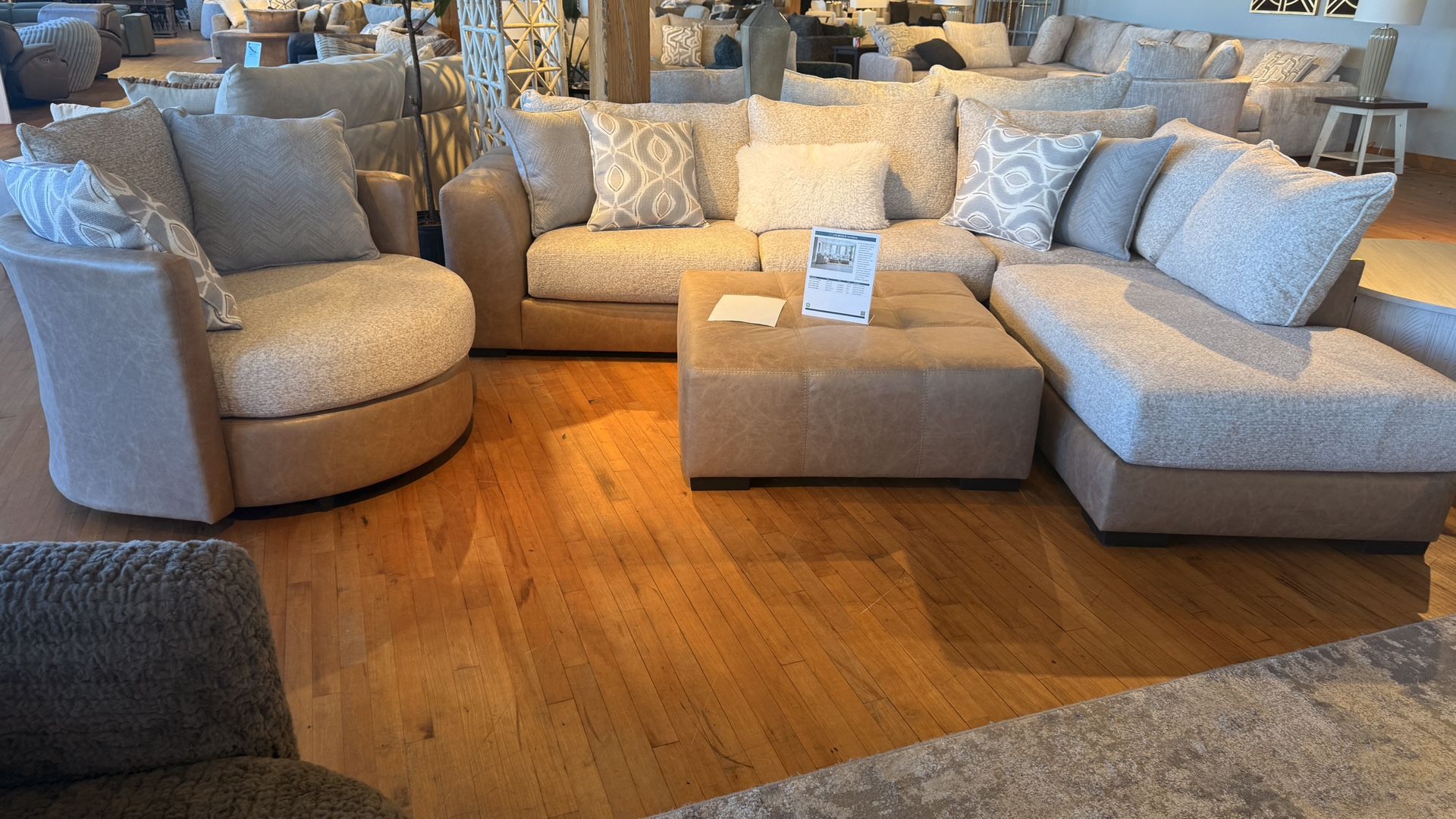 Mysa Oatmeal plush Sherpa style fabric sectional with swivel chair and ottoman