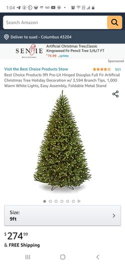 Best Choice Products 9ft Pre-Lit Hinged Douglas Full Fir Artificial Christmas Tree Holiday Decoration w/ 3,594 Branch Tips, 1,000 Warm White Lights