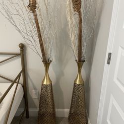 Pair Of Decorative Gold Floor Vases With Branches
