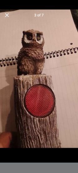 Owl, Squirrel, and Chipmunk Figurines on Tree Stumps with Red Reflector for driveway or garden