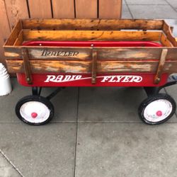Vintage Radio Flyer Metal ( With Wood Rail) Trav-Ler Wagon And Still Rolls Great!