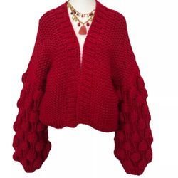 Womens Handmade Knitting Ball Puff Sleeve Sweaters Cardigan