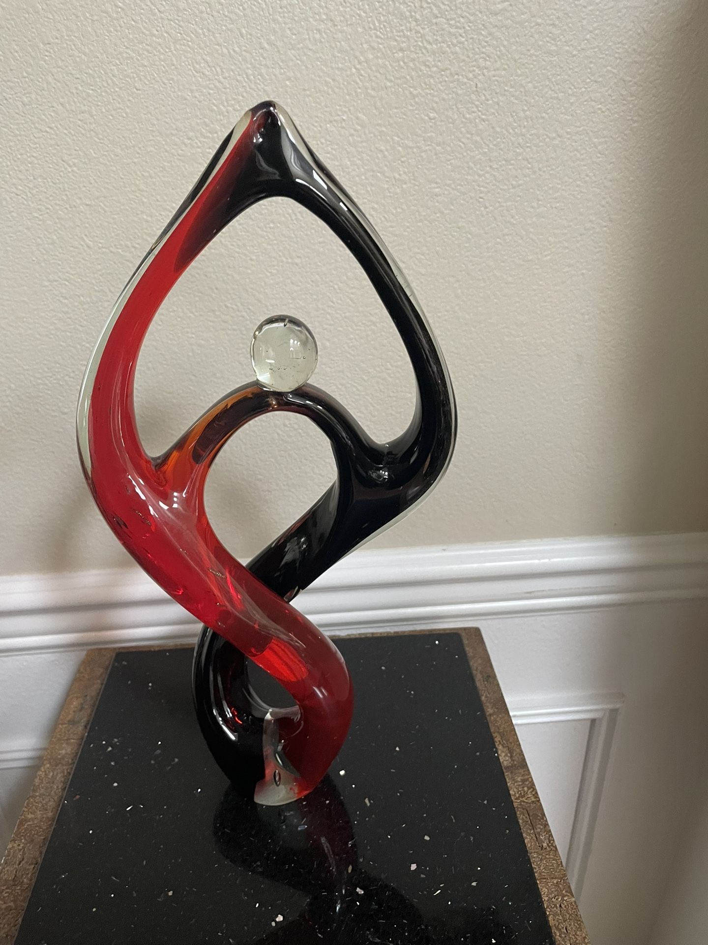 Hand Blown Glass Murano Style Art Fused Sculpture Abstract  Red Black