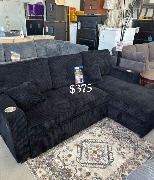 2-Pc Black Corduroy Sectional Sofa With Reversible Chaise Storage, Pullout Bed, And USB Port 
