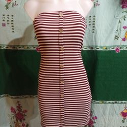 Maroon And White Striped Tube Dress