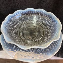 Vintage (1940s) Anchor Hocking Moonstone Hobnail Bowl and Plate Set - Opalescent White Glass Centerpiece, Fruit Bowl, Salad MCM