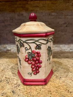 Ceramic Grape Theme Cookie Jar, Wine Themed Decoration, Size 12 Inches Tall by 8 Inches Wide