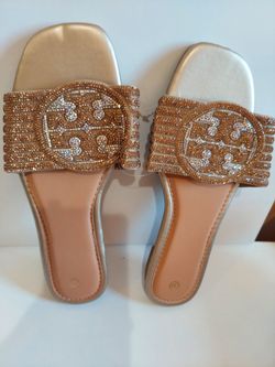 Gold Rhinestone Flat Slide Sandals