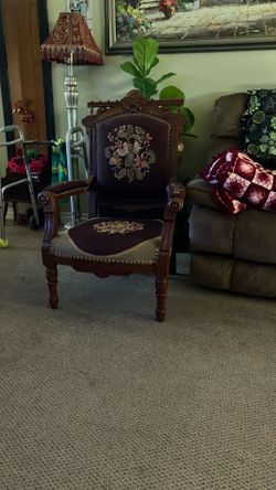 Beautiful old needlepoint chair, perfect condition use just for display no tears no scratches very nice a lot of workmanship