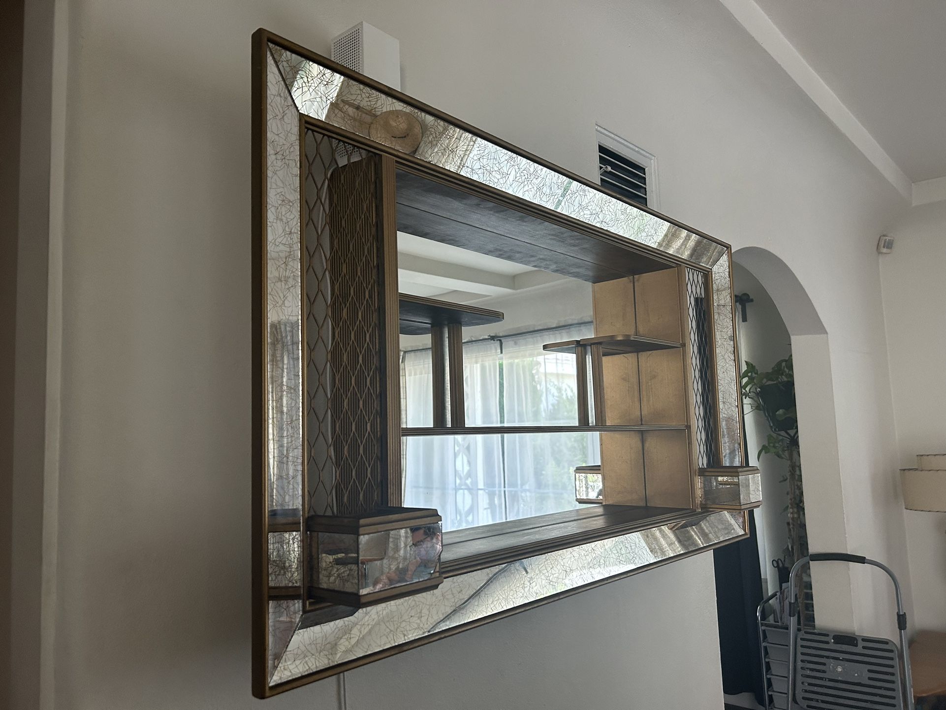 Vintage Mid Century Shadow box, Shelf, with small Planters, vintage figures Included. Mirror Self