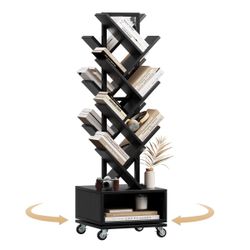 48"H Tree Bookshelf with Wheels, Rotating Bookcase with Storage Cabinet black