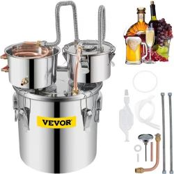 60* Alcohol Still, 5 Gallon, Stainless Steel Alcohol Distiller with Copper Tube & Build-in Thermometer & Water Pump, Double Thumper Keg Home Brewing K
