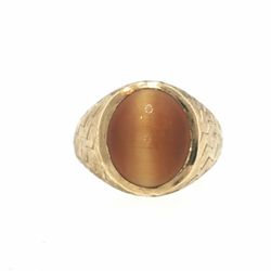 Men’s 10k Yellow Gold Cat's Eye Like Stone Signet Ring with Textured Band Size 9 GP3138880