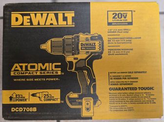 DEWALT DCD708B "ATOMIC 20V MAX" is a highly compact (6.3" long), lightweight (2.4 lbs), brushless 1/2" drill/driver known for fitting into tight space
