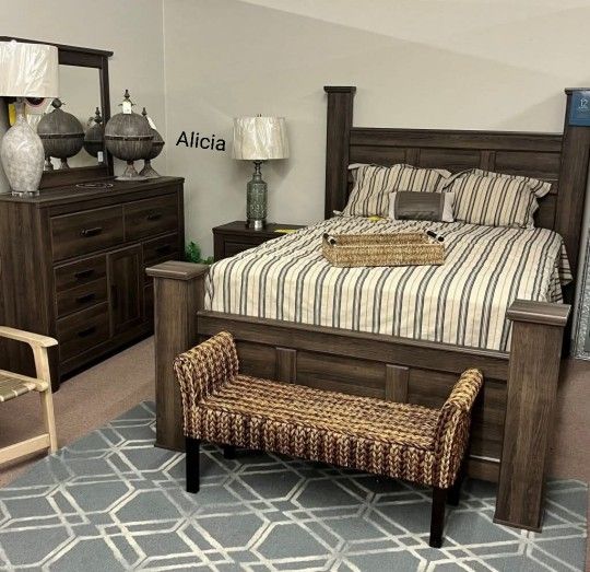 AP๐ Poster Bedroom Set - Dark Brown- 4-Piece (Bed, Dresser, Mirror, Nightstand)Fast Delivery - Financing