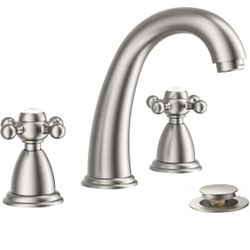 FORIOUS Faucet for Bathroom Sink 3 Hole, Brushed Nickel Bathroom Faucet Widespread with Pop Up Drain and Water Hose Supply, 2 Cross Handle Design, for