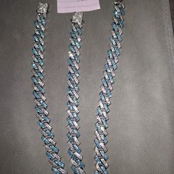 Blue And Silver Cuban Necklace And Bracelet 