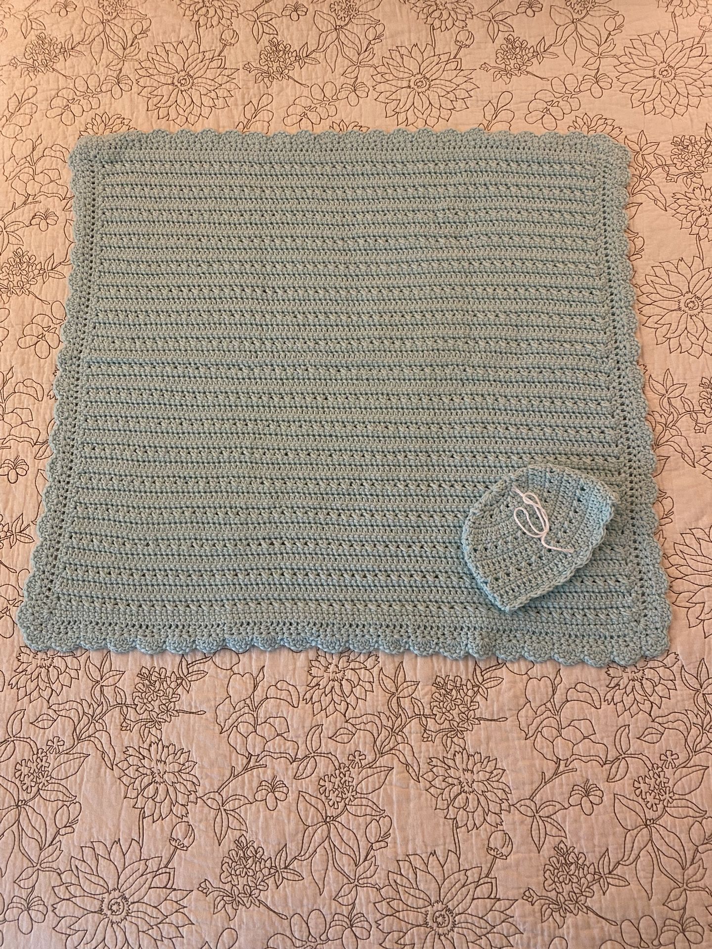 Newly Hand-Crocheted Baby Afghan with Hat