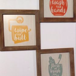 Rustic Farmhouse Bathroom Wall Decor Signs Set – Wash Hands / Brush Teeth / Wipe Your Butt