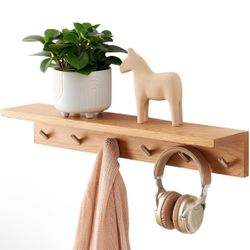 Coat Rack Wall Mounted Oak Wood Entrance Shelf with 6 Hooks Wall Coat Rack Hook Rack with Floating Shelf for Bedroom Living Room Kitchen Mudroom Bathr
