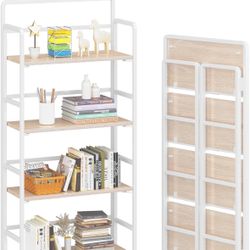 4NM No-Assembly 4 Tiers Folding Bookshelf Storage Shelves Vintage Bookcase Standing Racks Study Organizer Home Office (Natural and White)