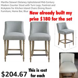 New Martha Stewart Delaney Upholstered Mid-Century Modern Counter Stool with Turn Legs, Footrest and Kickplate for Kitchen Island Chairs $180 Firm no 