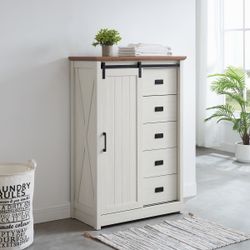 5 Drawers Dresser w/Sliding Barn Door, Farmhouse Modern Tall Dresser 5 Chest of Drawers, Storage Organizer Dresser for Bedroom, Hallway, Living Room, 