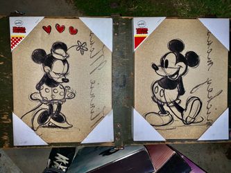 Disney Set Of Two Mickey Mouse & Minnie Mouse Sketched Canvas Print 14" x 11"