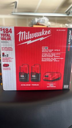 M12 12V Lithium-Ion Compact 2.0 Ah Battery Pack (2-Pack) Starter Kit with Charger .New/Nuevo