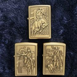 3D Carved Cowboy Horseback Riding Rodeo Bull Rope Lot 3 Lighters, Windproof