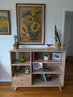 Vintage Wood Bookshelf, Console Table With Cane Back
