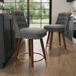 New assembled 24" Counter Height Bar Stools Set of 2, Swivel Counter Stools with Back, Upholstered Velvet Stools for Kitchen Counter with Wood Legs, F
