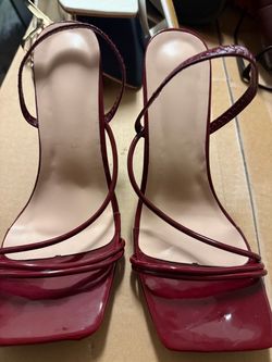 Burgundy patent strappy square-toe heels"