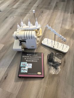 Professional Baby Lock Evolve serger sewing machine with an 8-thread capacity. This white machine has a built-in thread stand and comes with a separat