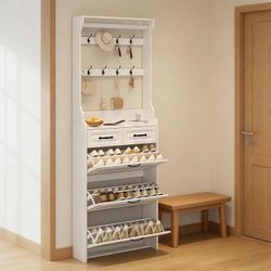 Hall Tree with Shoe Storage Cabinet and Coat Rack Slim Entryway Hall Tree with 3 Flip Drawers and 2 Storage Drawers for Narrow Halls and Mud