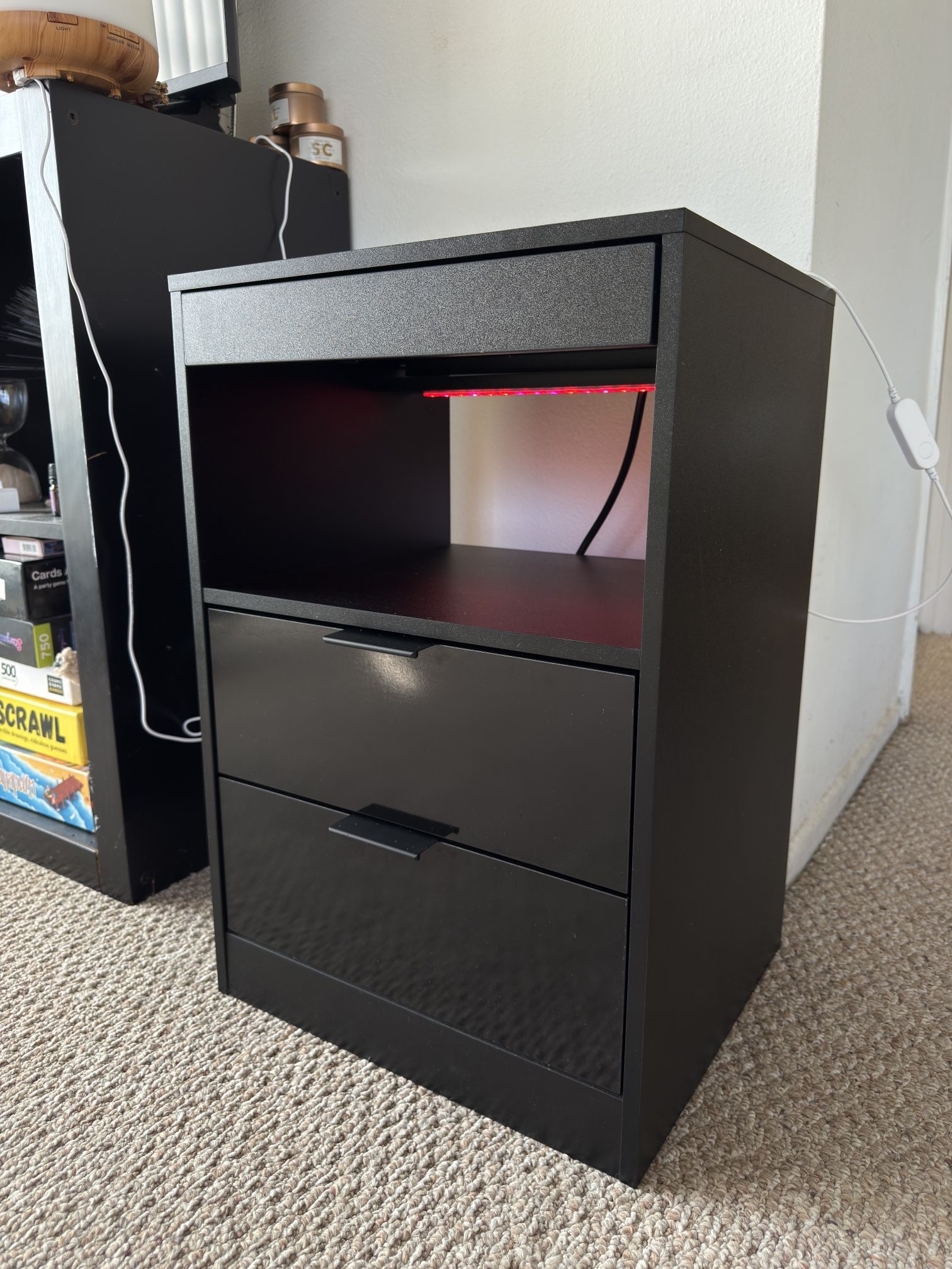 Black Nightstand with Charging Station & Storage