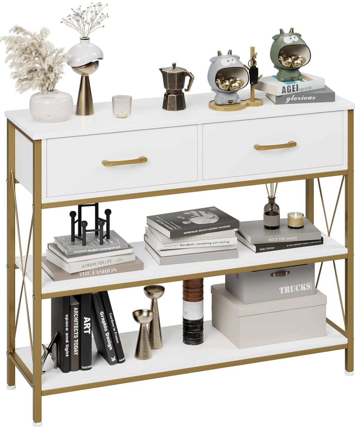 Brand new. Industrial Console Table with Drawers, Vintage Hallway Foyer Table with Storage Shelves, Narrow Long Sofa Entryway Table for Living Room, W