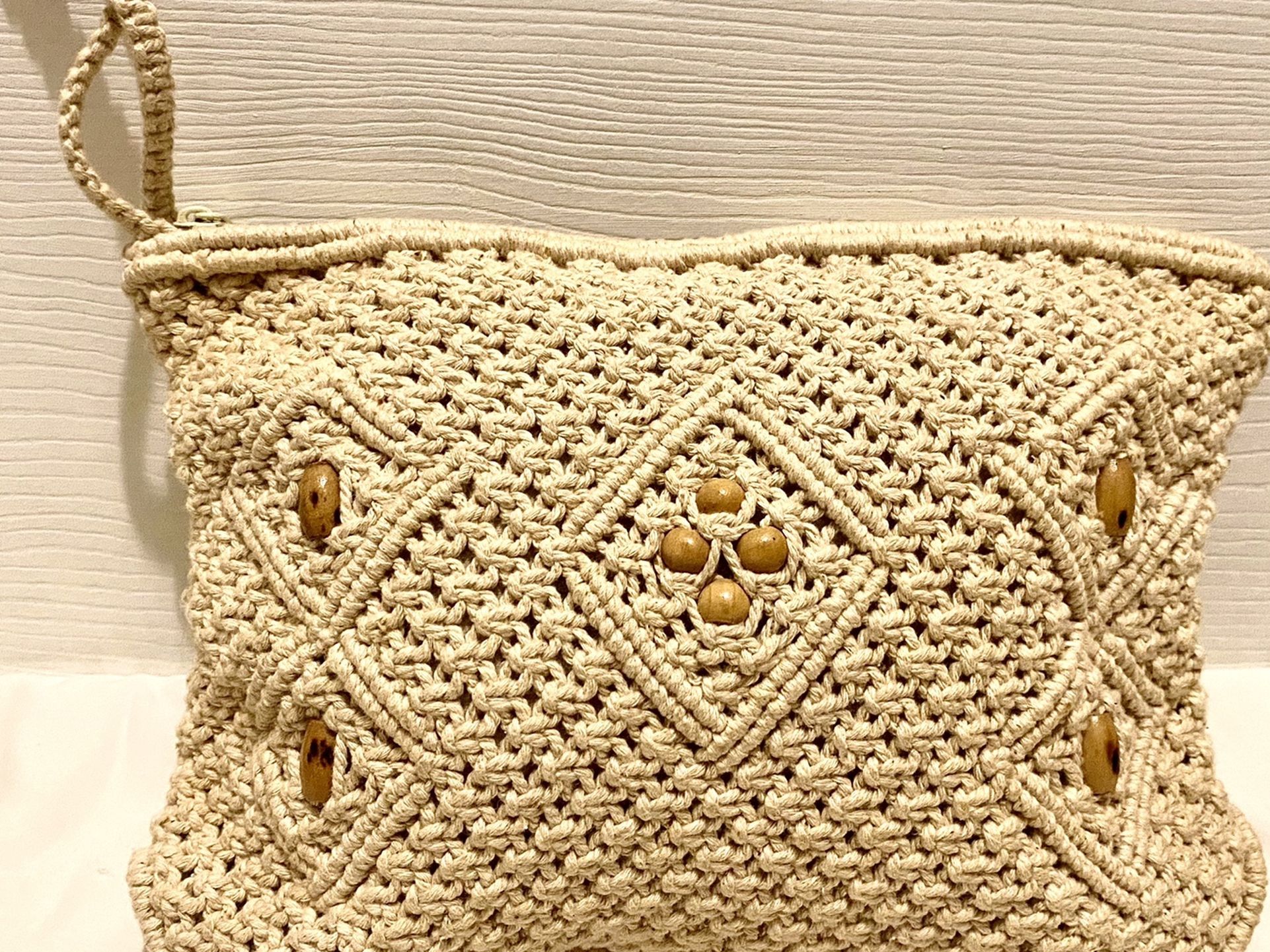 Vintage Handmade Crochet Purse With Wooden Jewels