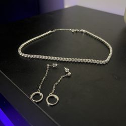 Silver Rhinestone Earrings And Choker Set