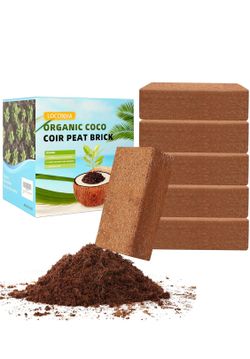 Coco Coir Bricks 6 Pack Premium 100% Organic Peat Moss, Fiber Coconut Husk for Planting, Gardening, Potting Soil Substrate