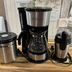Stainless Steel Coffee Maker, Grinder, and Coffee Gator