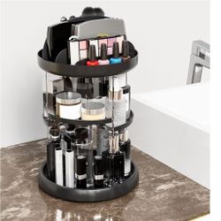 360° Rotating Makeup Organizer – Adjustable Black Vanity Tower (New, $8)